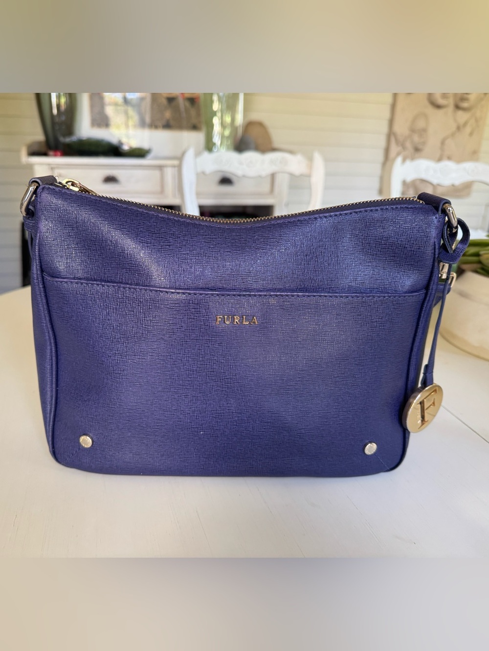 Furla Navy Blue/Purple Saffiano Leather Crossbody Bag with Gold Hardware